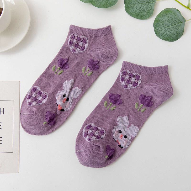 Tất nữ cổ thấp họa tiết vintage màu tím chất liệu cotton thoáng khí - T01
