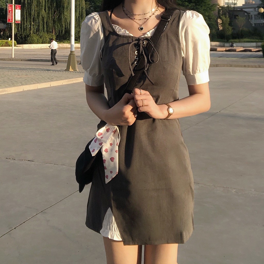 Đầm sơ mi nữ cổ vuông phối tay áo siêu xinh