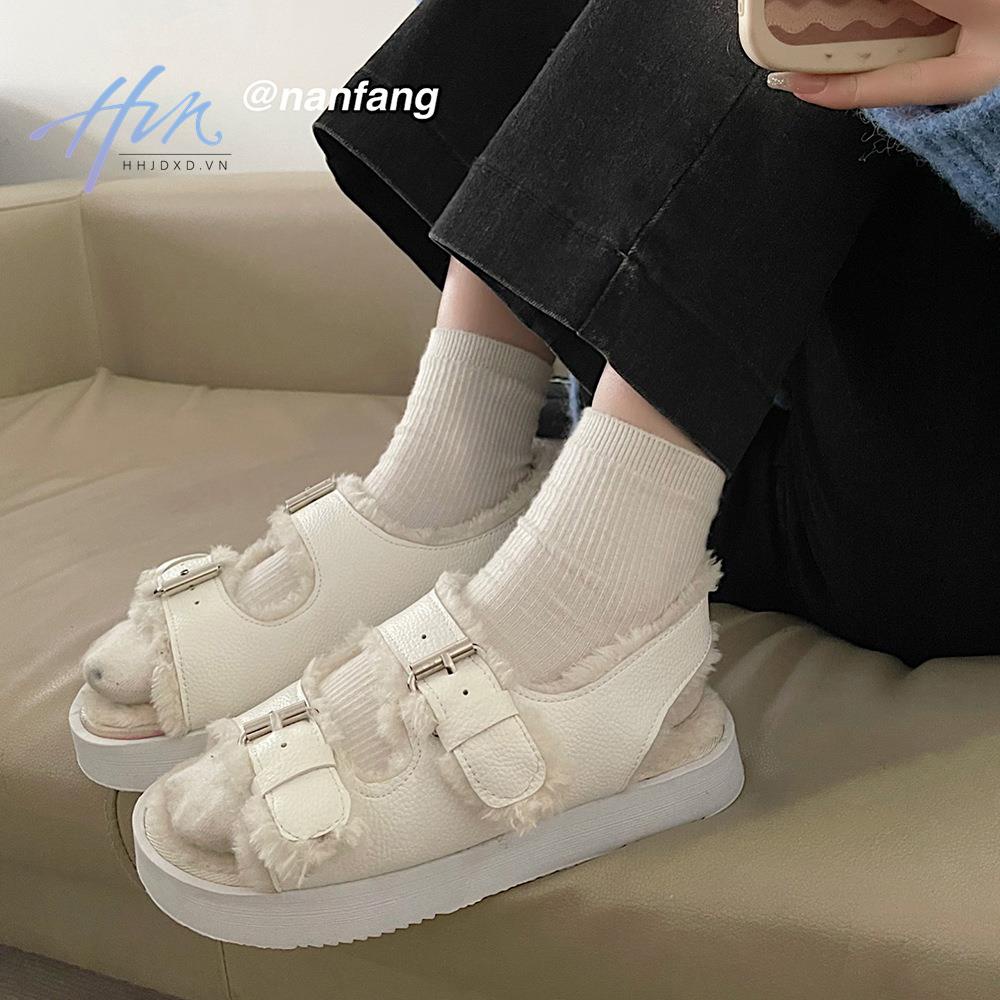 Giày sandal đế phẳng dày dặn lót lông cừu thời trang Hàn Quốc 2022 dành cho nữ tùy chọn màu sắc