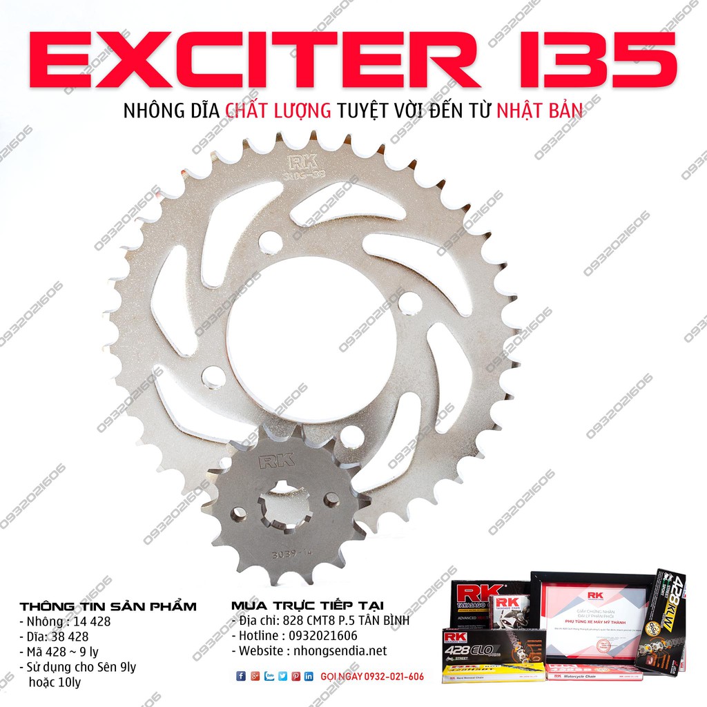 Nhông dĩa RK xe Exciter 135 đời 2011 2014 9 ly chính hãng