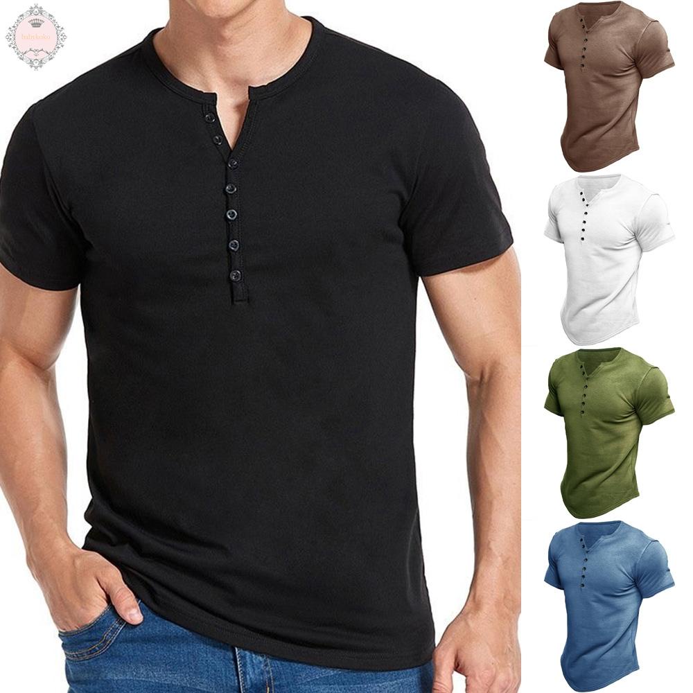 Summer European American Men Henley Shirt Short-Sleeved Solid Color T-Shirt Top