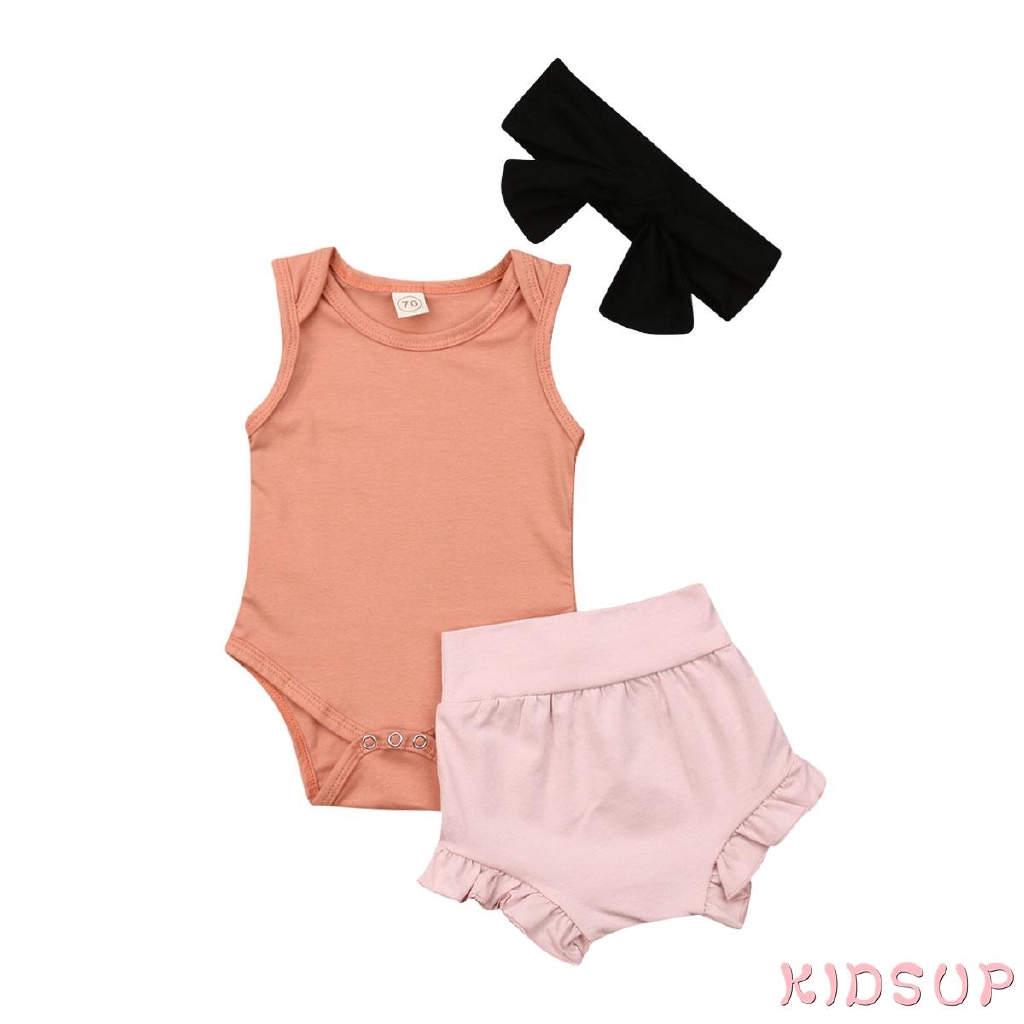 Set áo liền quần tã bằng cotton và quần short kèm băng đô cho bé gái sơ sinh