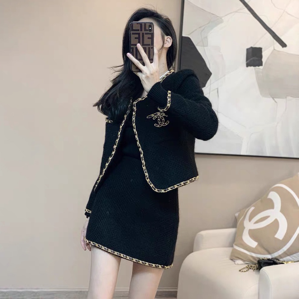 Set dạ tweed nữ đen áo khoác chân váy GRACYY SE02
