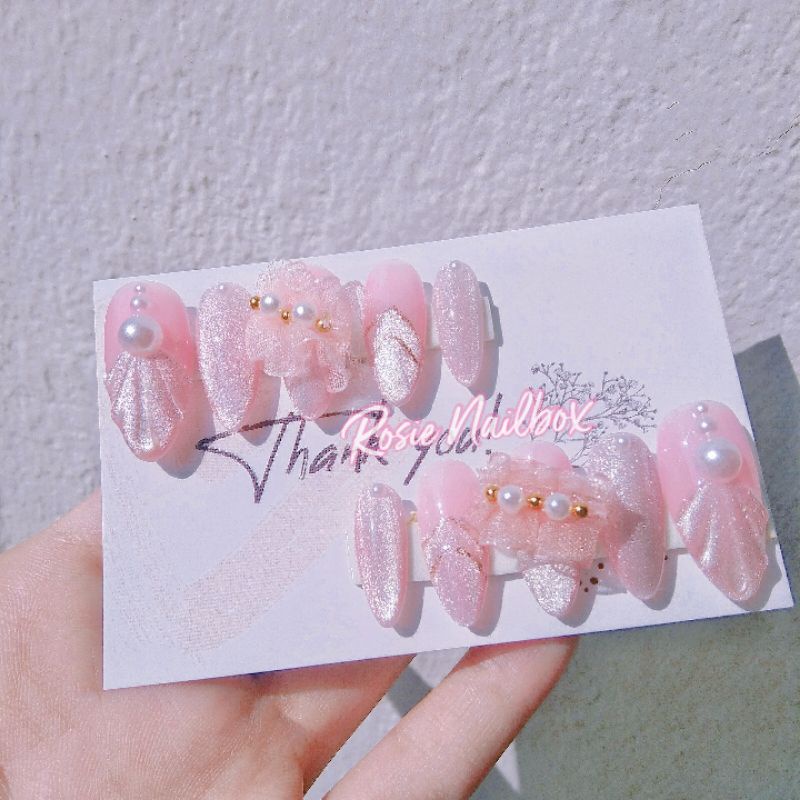 1 bộ Móng úp màu hồng thạch phối nơ ren kèm hoạ tiết trang trí độc đáo kèm dũa hoặc keo dán