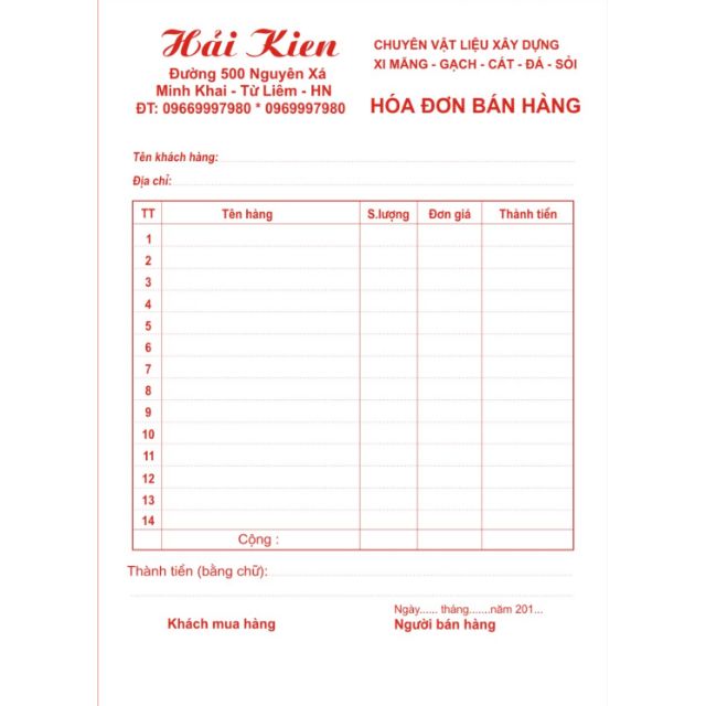 hoá đơn bán lẻ làm theo yêu cầu khách hàng!