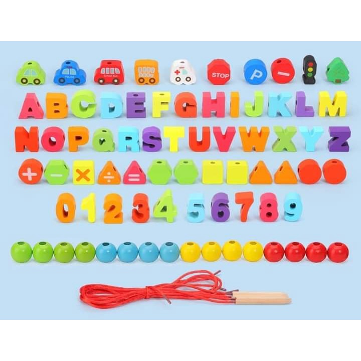 Xâu hạt bằng gỗ cho bé (hàng cao cấp) mịn, nhẵn, an toàn cho bé từ 2 3 4 tuổi với nhiều chủ đề
