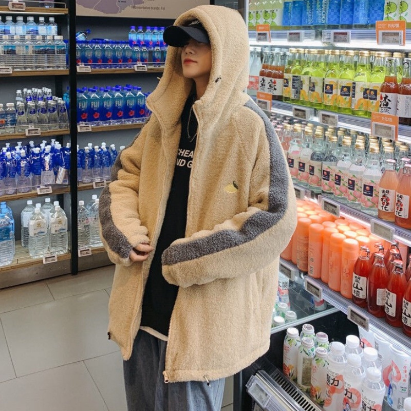 Áo khoác lông cừu tay dài dáng rộng có khóa kéo kiểu Hàn phong cách mùa đông thanh lịch thoải mái dành cho nam