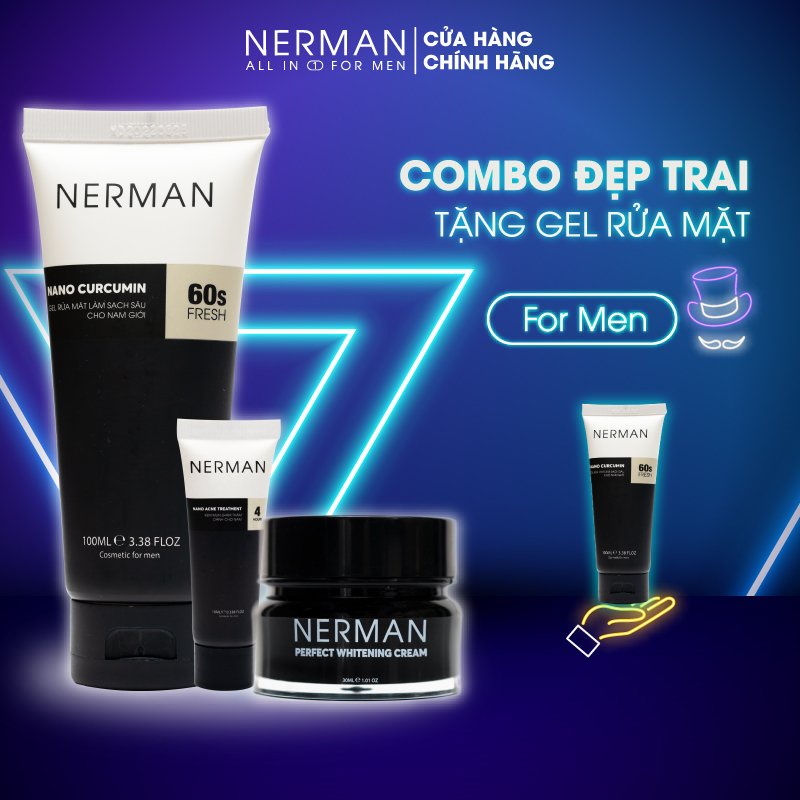 Combo đẹp trai 3 in 1 ngừa mụn dưỡng trắng cho nam Nerman