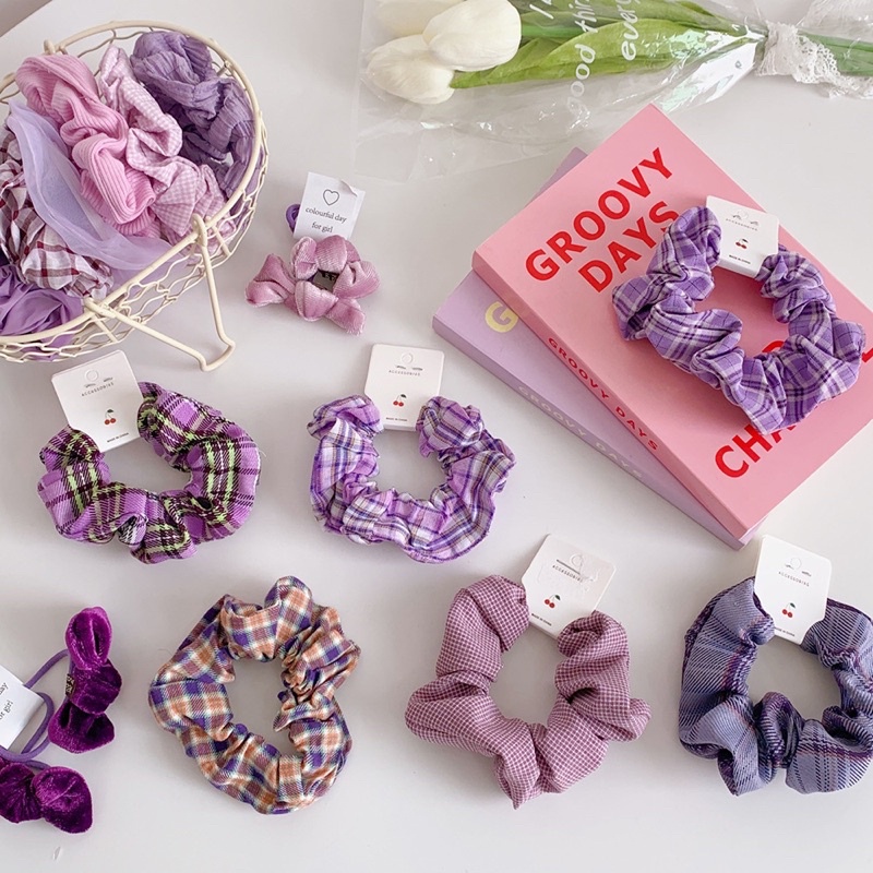 Dây buộc tóc tím caro Scrunchies phong cách hàn quốc cho nữ