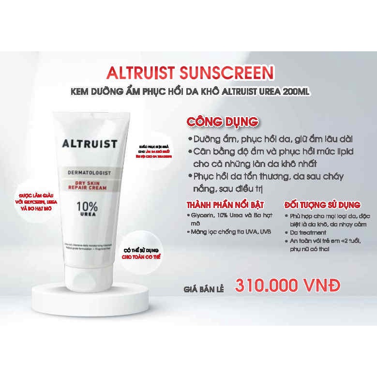 Kem dưỡng cấp ẩm phục hồi da khô Altruist Dermatologist Dry Skin Repair Cream 10% Urea 200ml