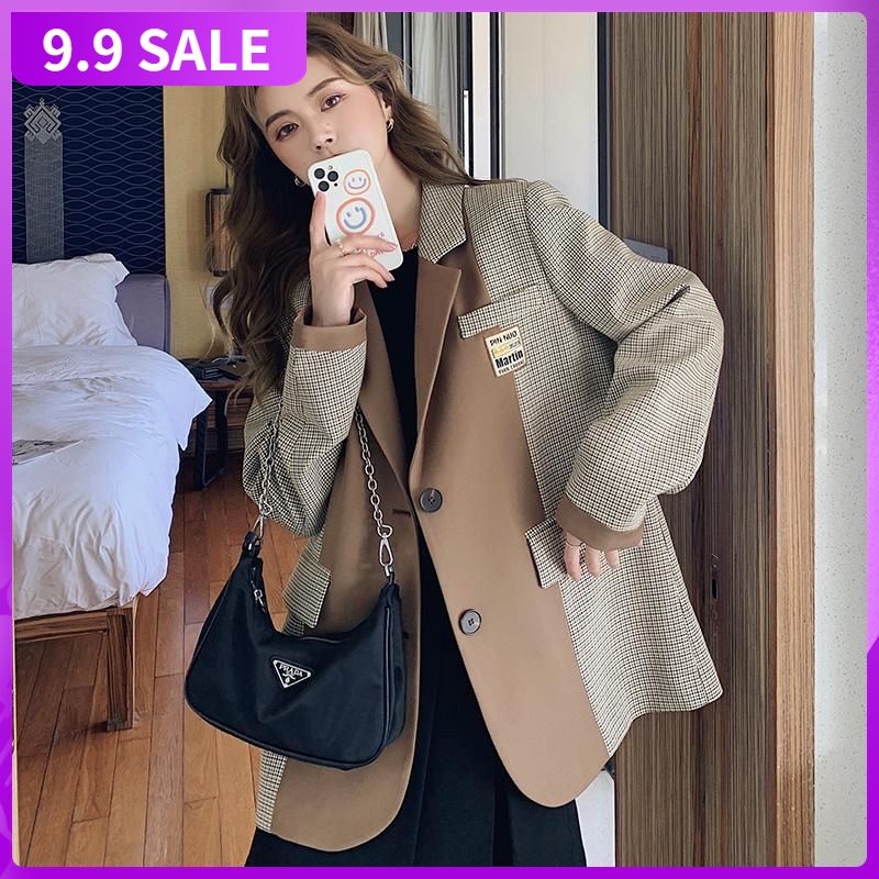 Áo khoác họa tiết caro ghép màu đơn giản sang trọng thời trang mùa xuân 2021 dành cho nữ