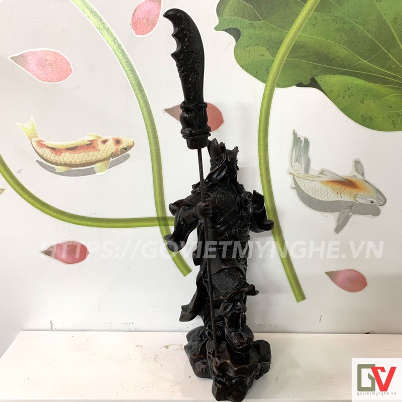 Tượng đá quan công phong thuỷ - Quan công chống đao - Chiều cao 23cm (không tính đao) - Màu nâu đen