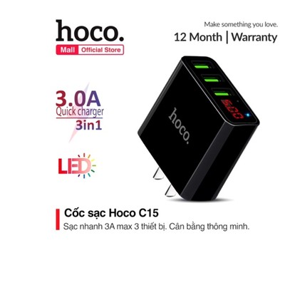 Củ sạc Hoco C15 3 cổng sạc USB có đèn Led báo sạc thông minh