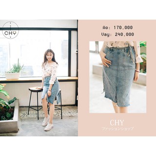 Váy jean xẻ tà họa tiết rách