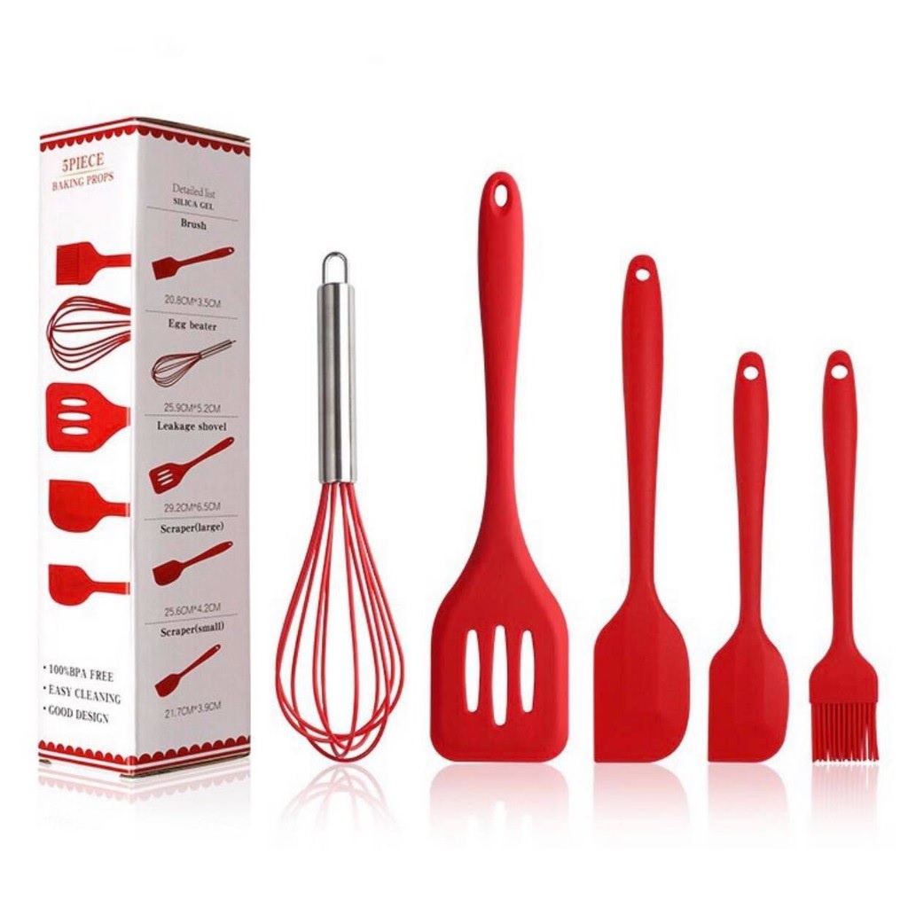 Bộ Dụng Cụ Làm Bánh Silicon Gồm 1 Chổi + 2 cây Vét Bột + 1 Đánh Trứng + 1 Xẻng Silicon