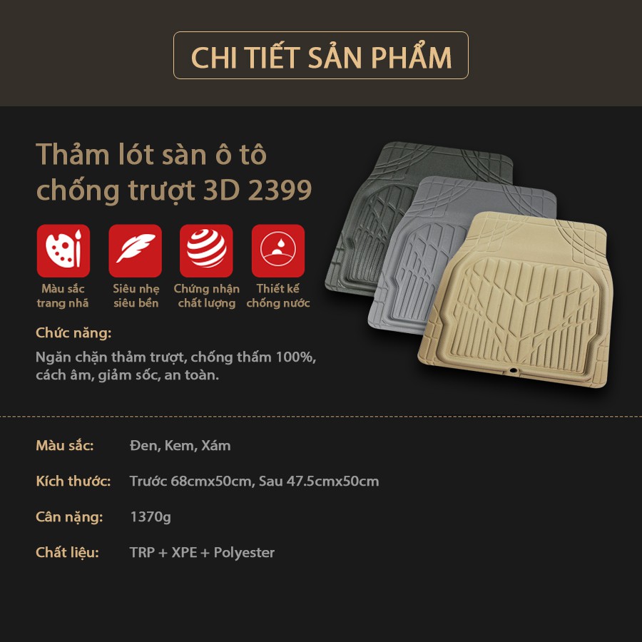 [Mã INCU300 giảm 10% đơn 499K] Bộ Thảm Lót Sàn Ô Tô Chống Trượt 3D 2399 Màu Xám 4 Chỗ Nhập Khẩu Chính Hãng