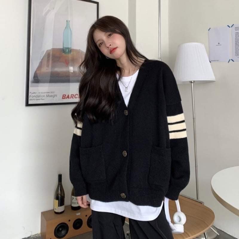 Áo khoác len mỏng cardigan tay dài 3 sọc dễ phối