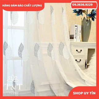 Rèm voan thêu lá màu ghi - màu xanh
