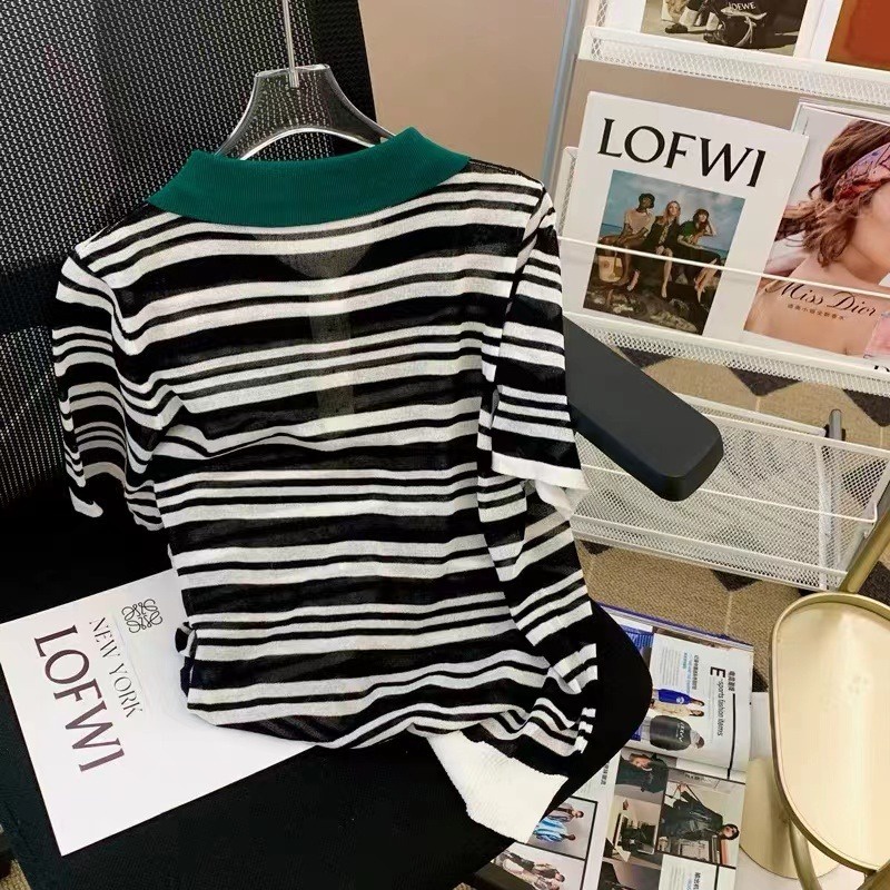 Áo thun polo ZHELIHANGFEI dệt kim ngắn tay họa tiết kẻ sọc tương phản phong cách cổ điển