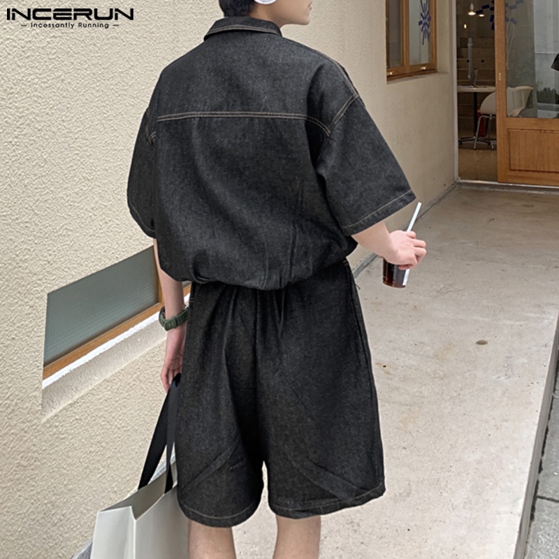 Jumpsuit denim INCERUN ngắn tay phối nút thời trang mùa hè cho nam