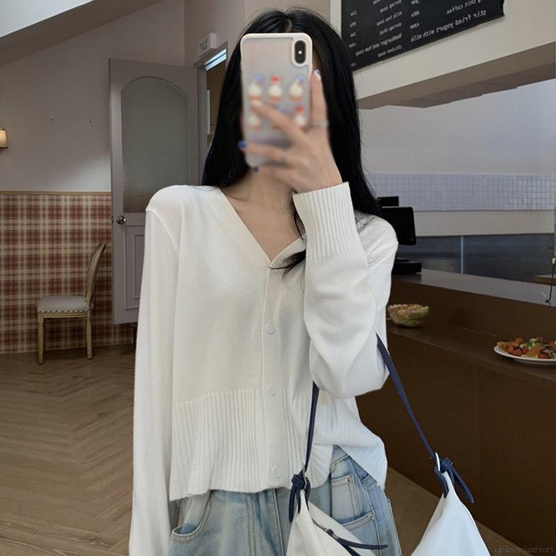 Áo Cardigan Dệt Kim Mỏng Dáng Ngắn Màu Trơn Phong Cách Hàn Quốc Thời Trang Mùa Thu