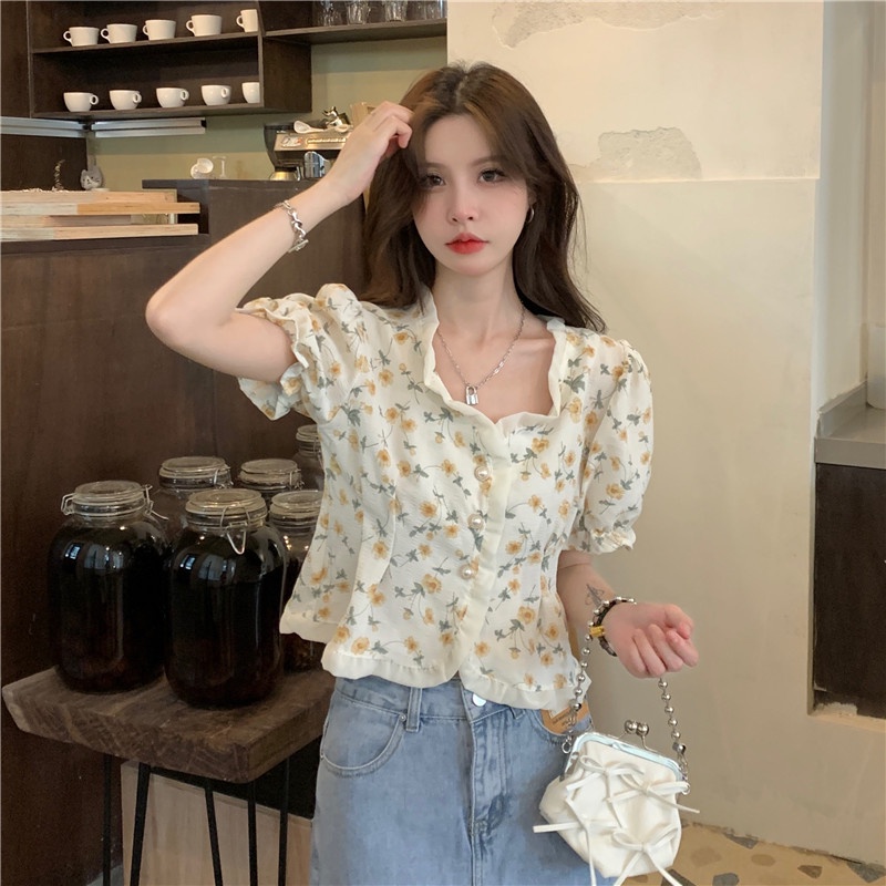 Áo Kiểu Tay Phồng Ngắn Cổ Vuông In Họa Tiết Hoa Thời Trang Hàn Quốc Cho Nữ