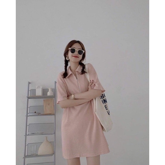 Đầm tiểu thư 🌸 Đầm cổ bẻ dáng suông tay lỡ khoá zip vintage chất tổ ong ba màu xanh hồng đen PHULA | BigBuy360 - bigbuy360.vn