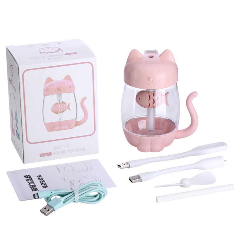 Máy phun sương, hơi nước, khuyếch tán tinh dầu mini, để bàn, đa năng hình mèo kèm quạt + đèn USB (LA120156)