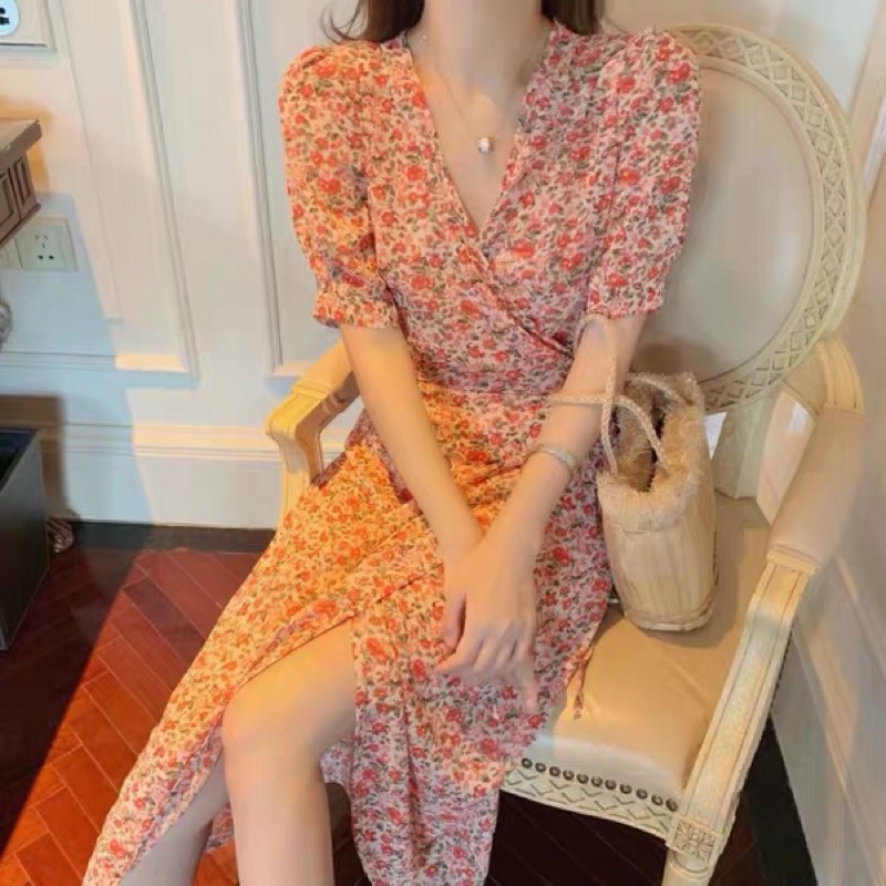 (ORDER.buiny) Váy hoa nhí cổ V tay phồng thắt eo xẻ vạt chéo gợi cảm Style Hàn Quốc nhẹ nhàng