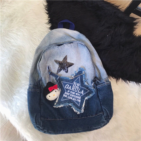 Ba Lô Denim Màu Gradient Kích Cỡ Lớn Hoạ Tiết Hello Kitty Xinh Xắn
