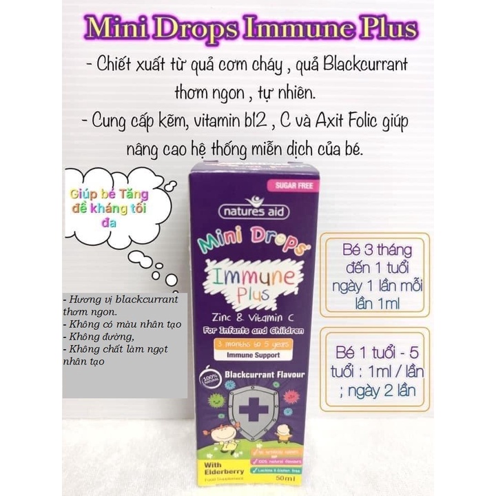 Tăng Sức Đề Kháng Natures Aid Mini Drops Immune Plus 50ml cho bé từ 3 tháng đến 5 tuổi của Anh Quốc