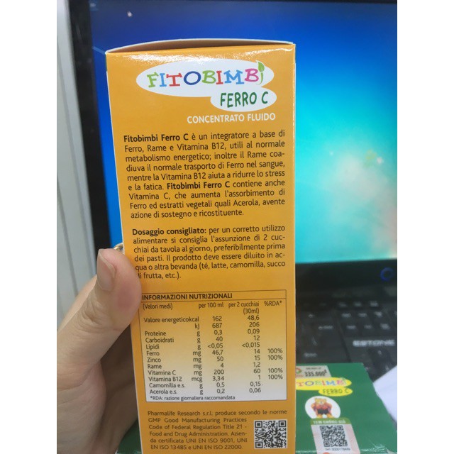 [CHÍNH HÃNG] Fitobimbi Ferro C - Bổ sung Sắt, Vitamin C, Kẽm và các Vitamin, khoáng chất. Giúp tăng cường sức đề kháng