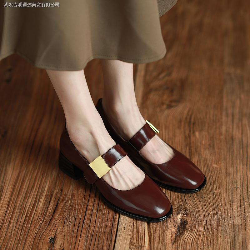 Giày Mary Jane mũi vuông đế dày màu đỏ rượu vang phong cách cổ điển thời trang 2022 dành cho nữ