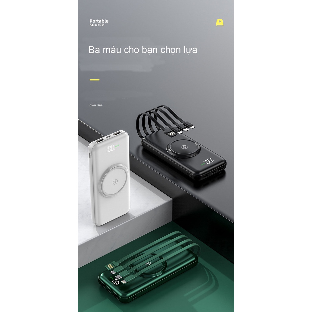 Sạc dự phòng mới 2023, Pin dự phòng Dung lượng 20000mAh, Tích hợp sạc không dây, Kèm 4 đầu dây sạc, cho di dộng