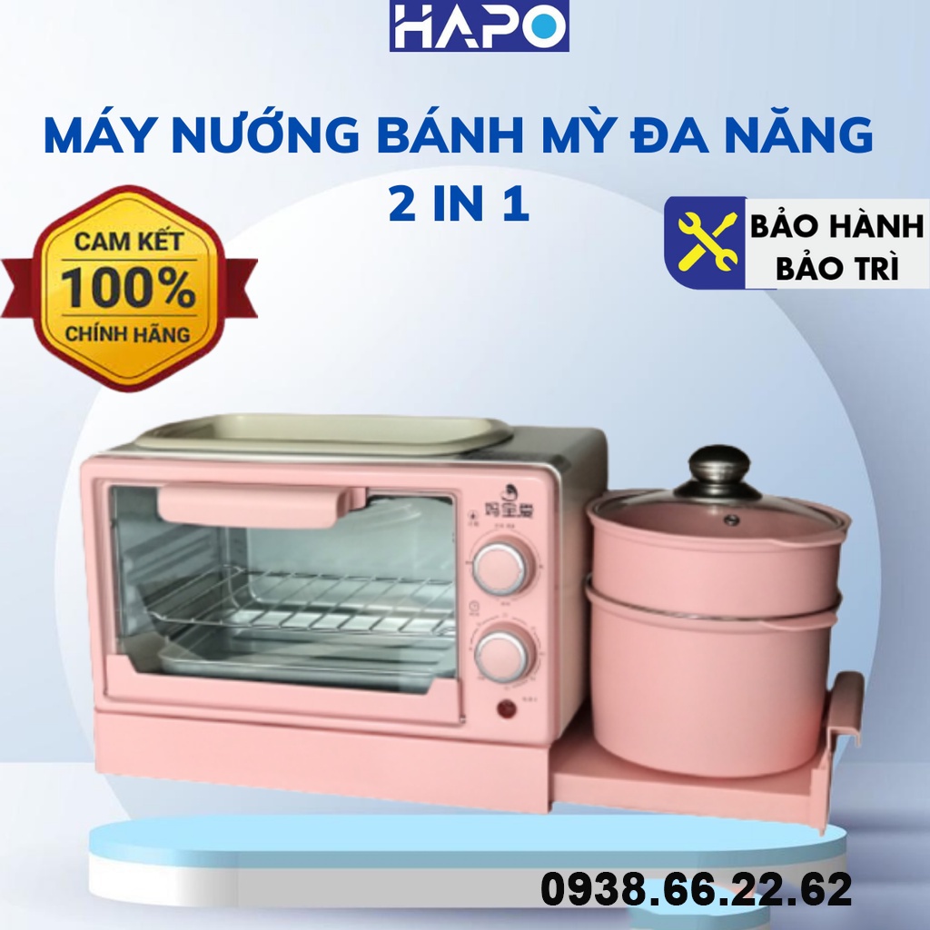 Lò nướng bánh mỳ Màu hồng mini hot trend đa năng 3 in 1, Máy nướng bánh mỳ Tích hợp Đun, Hấp, Chiên rán, Lò vi sóng