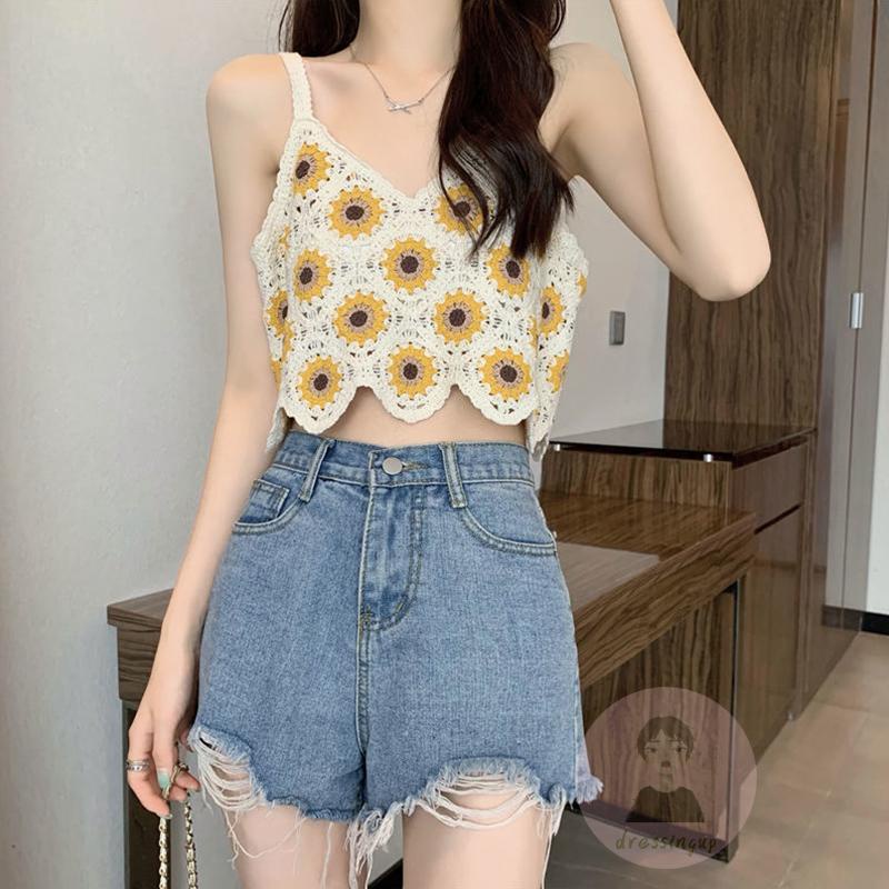 Dre-áo Dệt Kim Không Tay Cổ Chữ V Rỗng Họa Tiết Hoa Hướng Dương Mùa Hè Viền Gợn Sóng Cho Nữ