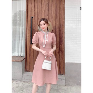 Váy Thiết Kế Đẹp Cao Cấp - Váy Phối Nơ Cổ Ren Chất Đũi Xước Hàn Quốc - Hali Shop