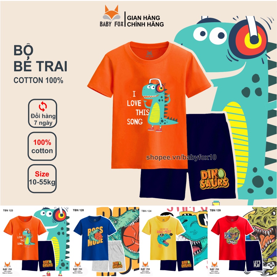 Bộ thun bé trai 100% cotton loại tốt, thương hiệu BABY FOX, hình khủng long T-rex, size nhỏ, trung, đại b