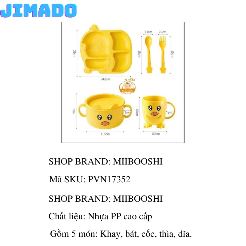 Bộ bát ăn 5 món khay bát cốc thìa dĩa hình vịt vàng siêu xinh cho bé JJIMADO PVN17352