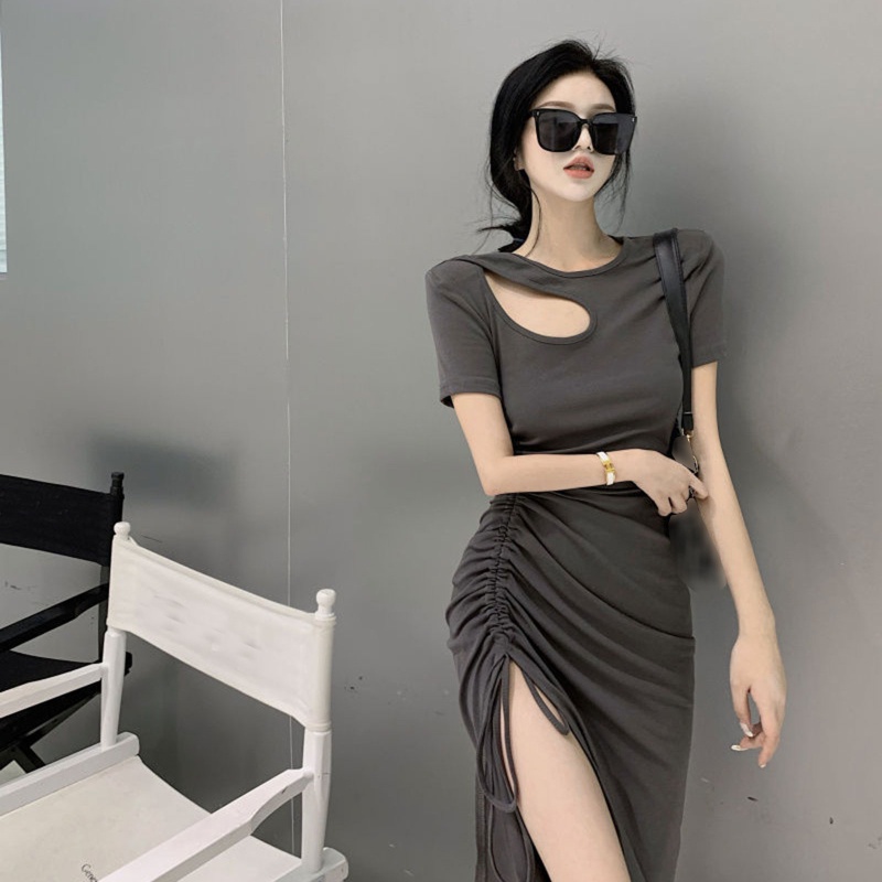 Đầm Midi Tay Ngắn Cổ Tròn Màu Sắc Đơn Giản Thời Trang Mùa Hè Quyến Rũ Cho Nữ