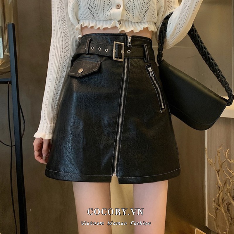 Chân Váy Da Lưng Cao Phối Thắt Lưng Phong Cách Hàn Quốc | BigBuy360 - bigbuy360.vn