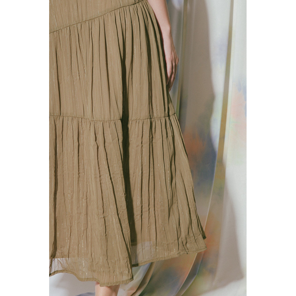 LIBÉ - Chân váy dài vải kim tuyến màu ranh rêu có nhún thun trên thân