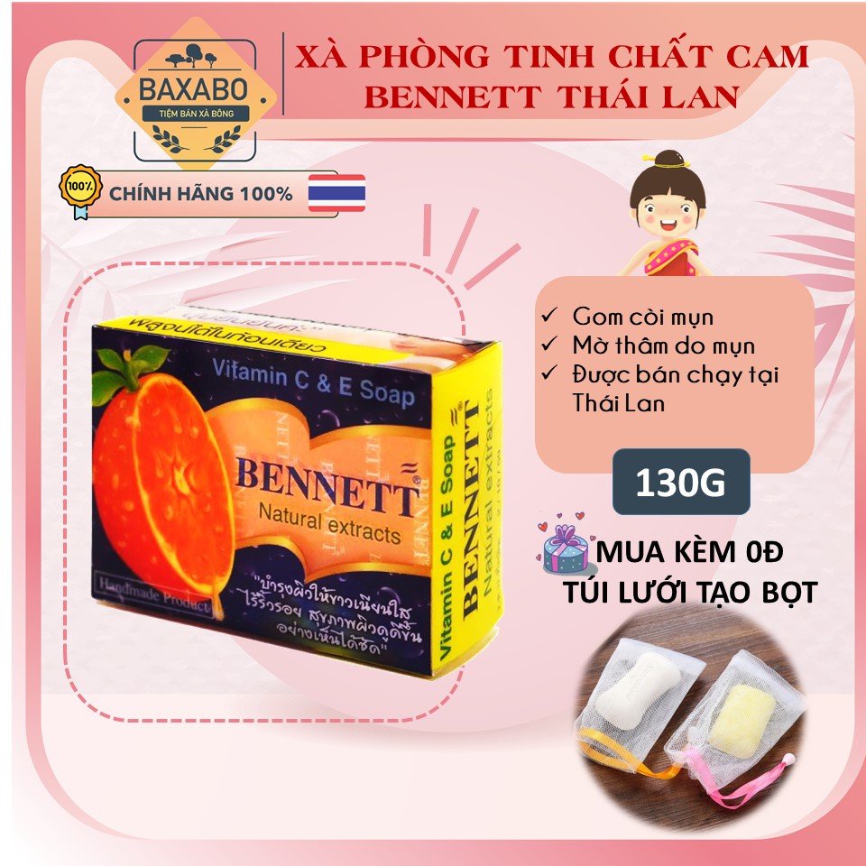 XÀ PHÒNG GIẢM MỤN MỜ THÂM TINH CHẤT CAM THÁI LAN CHÍNH HÃNG 130GR - XÀ PHÒNG BENNETT THÁI LAN (TẶNG KÈM TÚI TẠO BỌT)