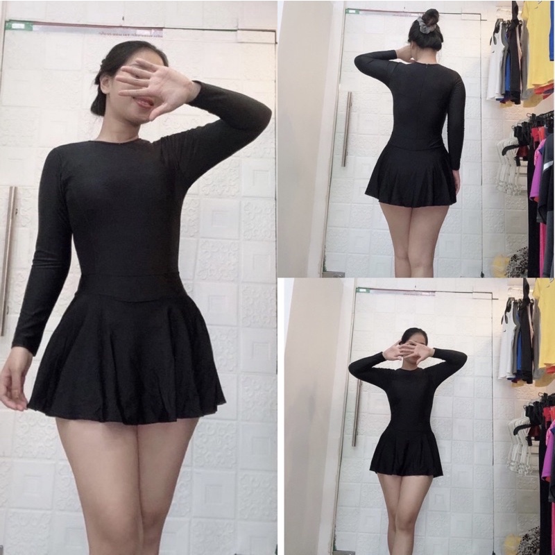 Bộ Đồ Bơi Dài Tay Chống Nắng Kín Đáo Liền Váy Có Quần Đùi Bên Trong