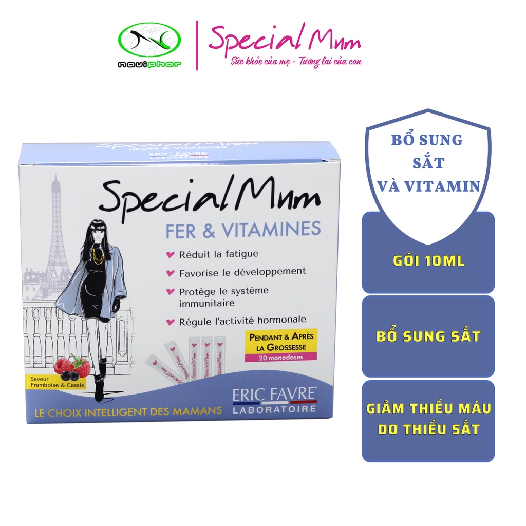 Sắt hữu cơ, Vitamin cho phụ nữ trước, đang mang thai và cho con bú - Special Mum Fer &amp; Vitamines - Hộp 20 gói [Pháp]