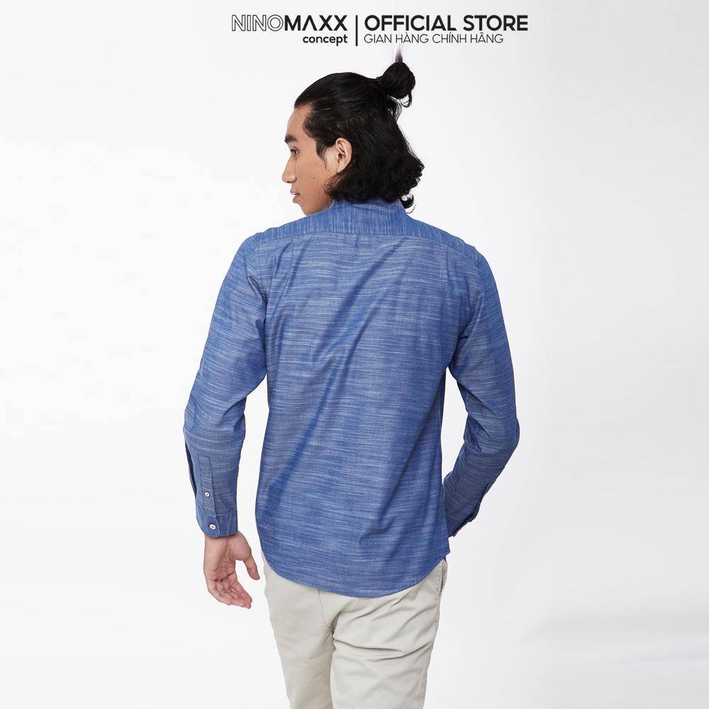Ninomaxx Áo Sơ Mi Nam cổ tàu dài tay màu xanh 100% cotton dáng regular fit 1905192