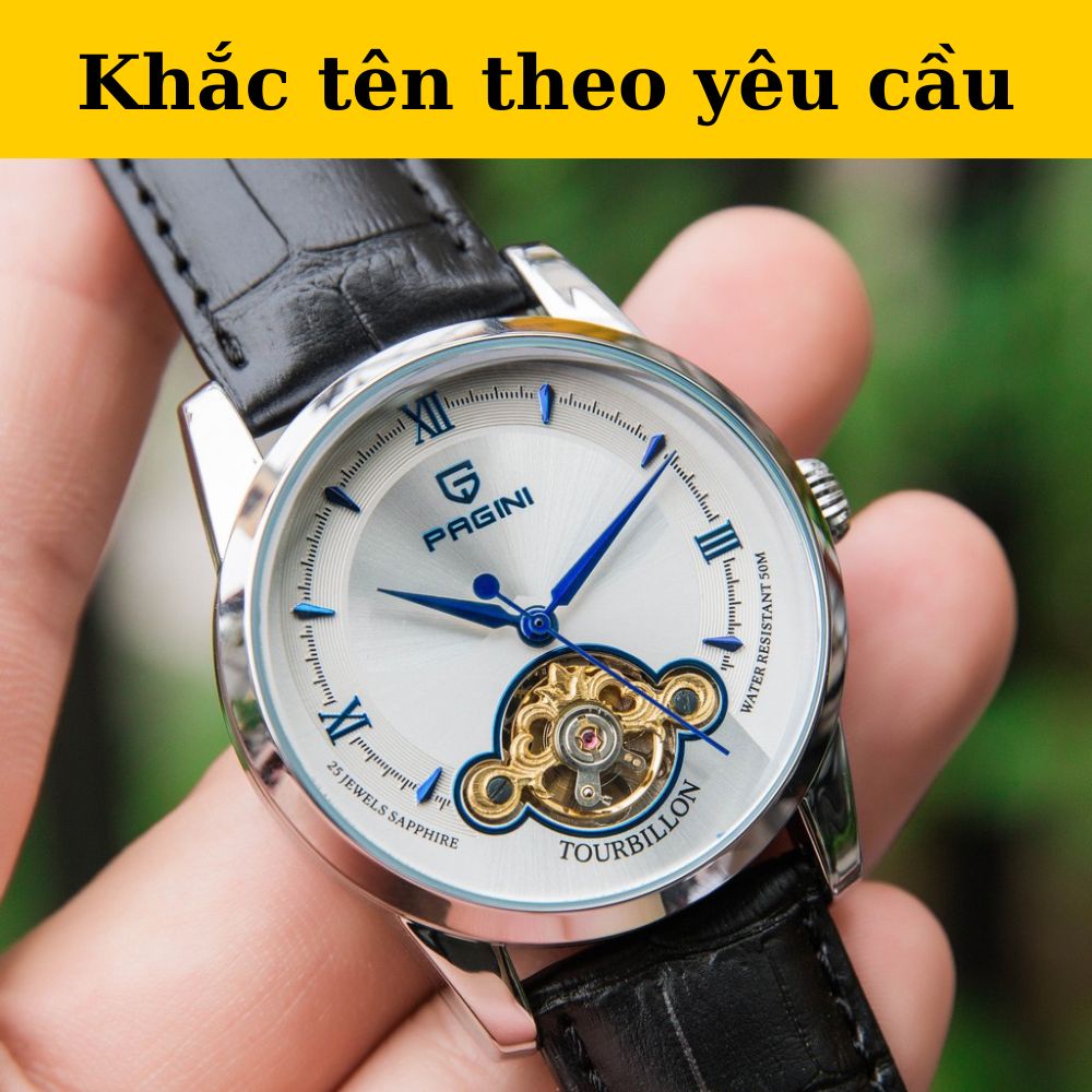 Đồng hồ cơ nam PAGINI dây da lộ máy hàng chính hãng - Khắc tên theo yêu cầu - Bảo hành 6 tháng