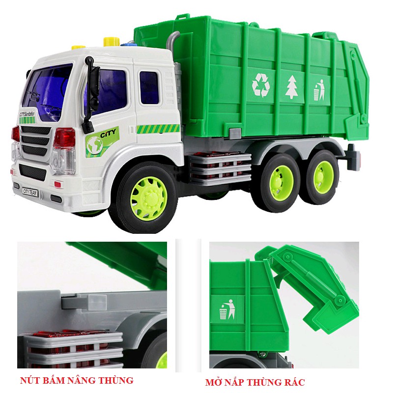 Mô hình xe ô tô chở rác đồ chơi trẻ em tỉ lệ 1:16 có âm thanh và đèn
