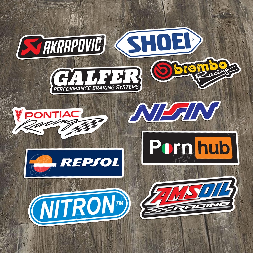 Combo 10 logo tem xe decal sticker trang trí xe máy nón bảo hiểm akrapovic shoei galfer brembo repsol nitron amsoil