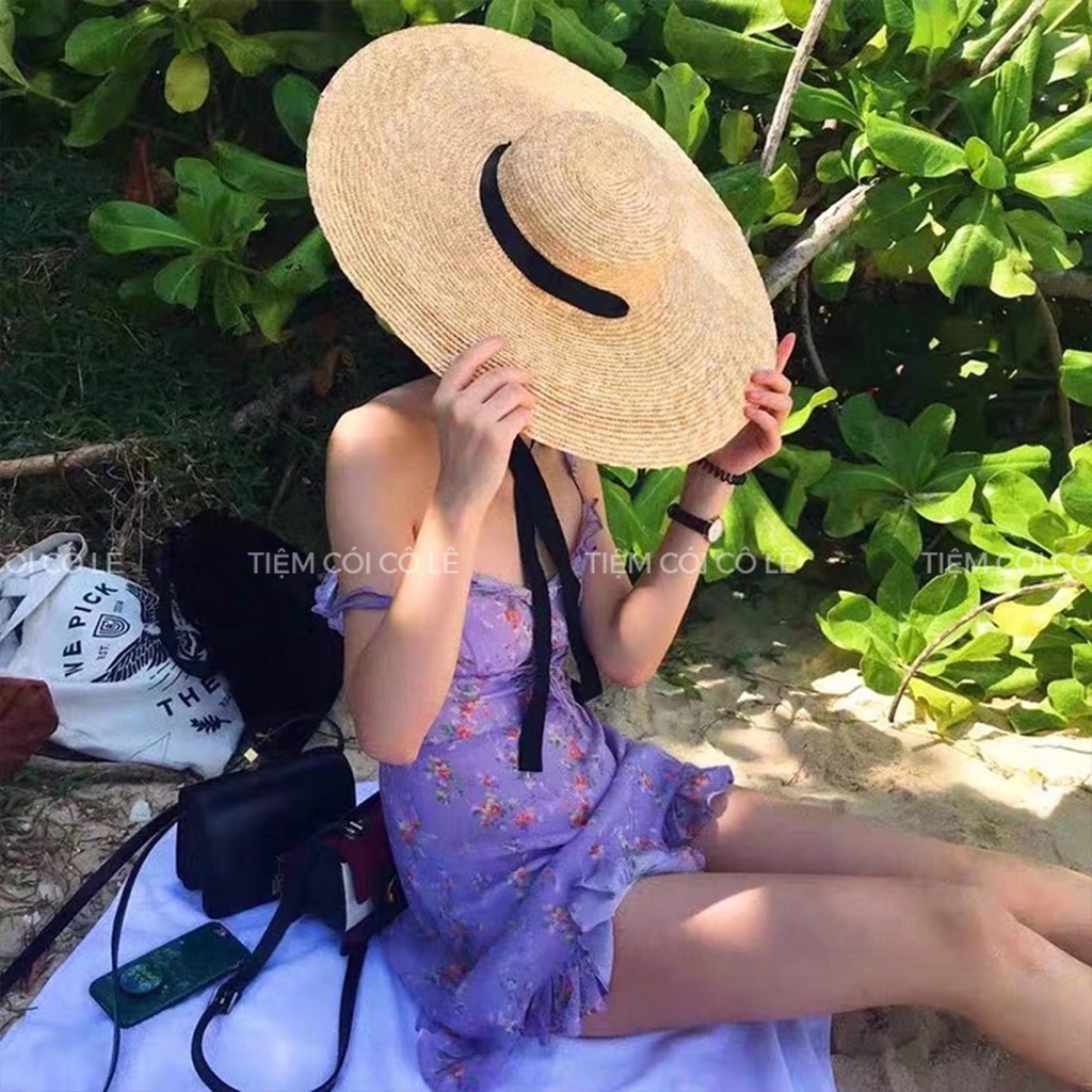 Mũ cói đi biển, nón vành rộng 15cm phối ruy băng đen siêu sang chảnh - Tiệm Cói Cô Lê